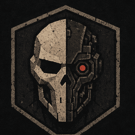 Ascended split human and machine mask badge